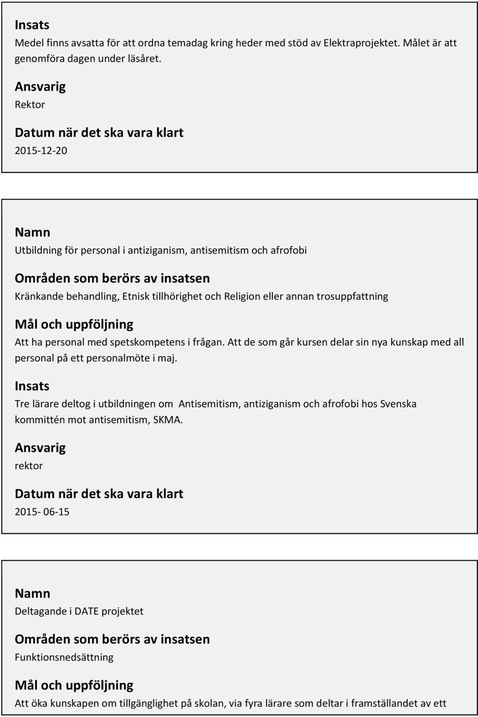 personal med spetskompetens i frågan. Att de som går kursen delar sin nya kunskap med all personal på ett personalmöte i maj.