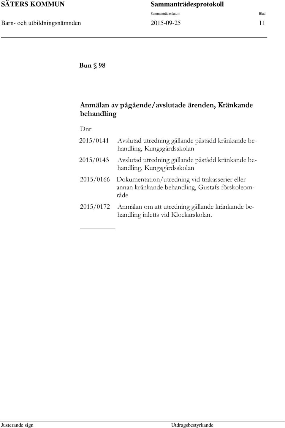 2015/0143 Avslutad utredning gällande påstådd kränkande behandling, Kungsgårdsskolan 2015/0166 Dokumentation/utredning vid trakasserier