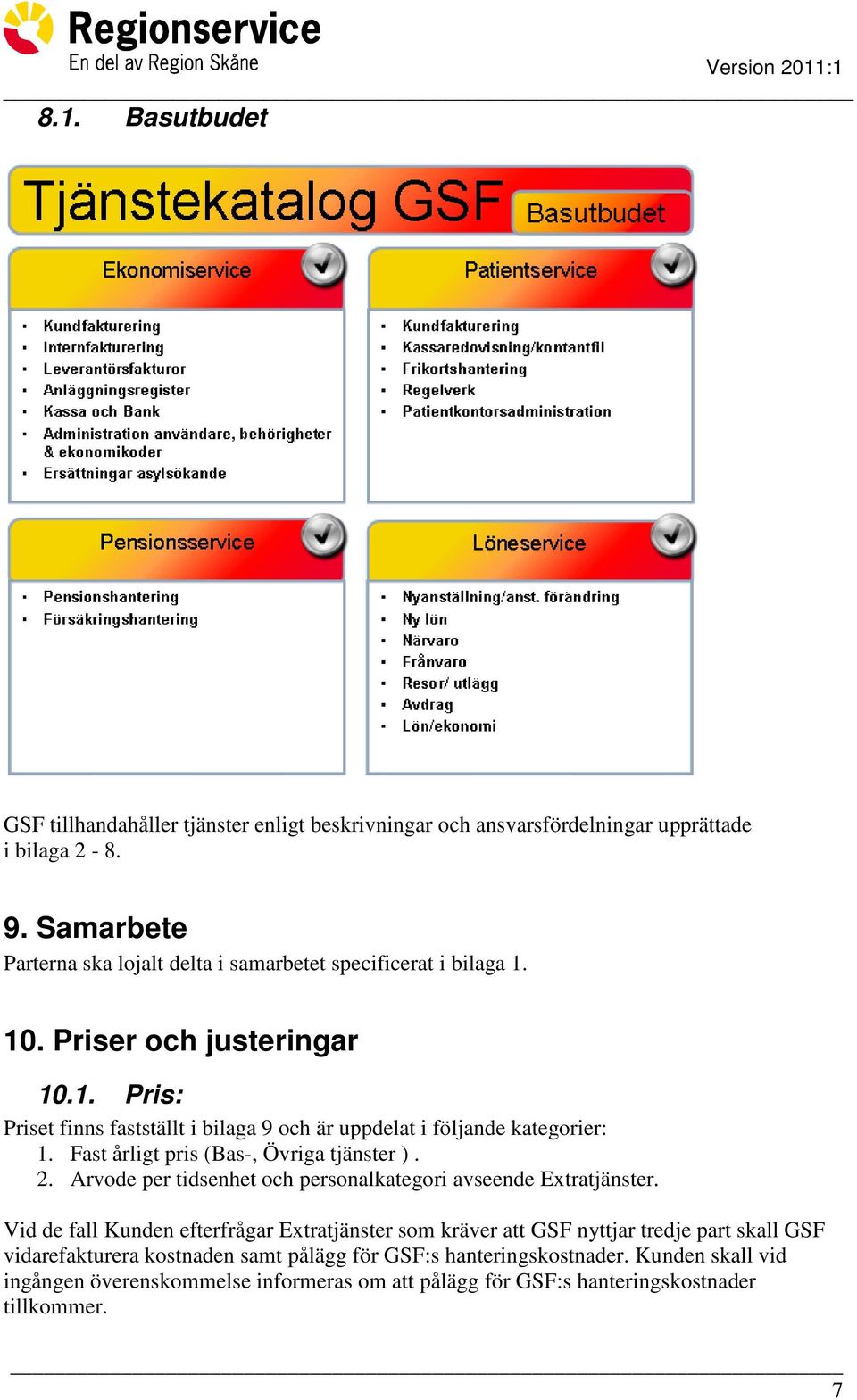 Fast årligt pris (Bas-, Övriga tjänster ). 2. Arvode per tidsenhet och personalkategori avseende Extratjänster.