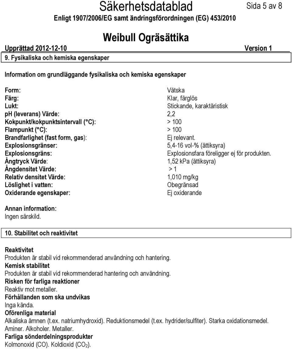 Kokpunkt/kokpunktsintervall ( C): > 100 Flampunkt ( C): > 100 Brandfarlighet (fast form, gas): Ej relevant.