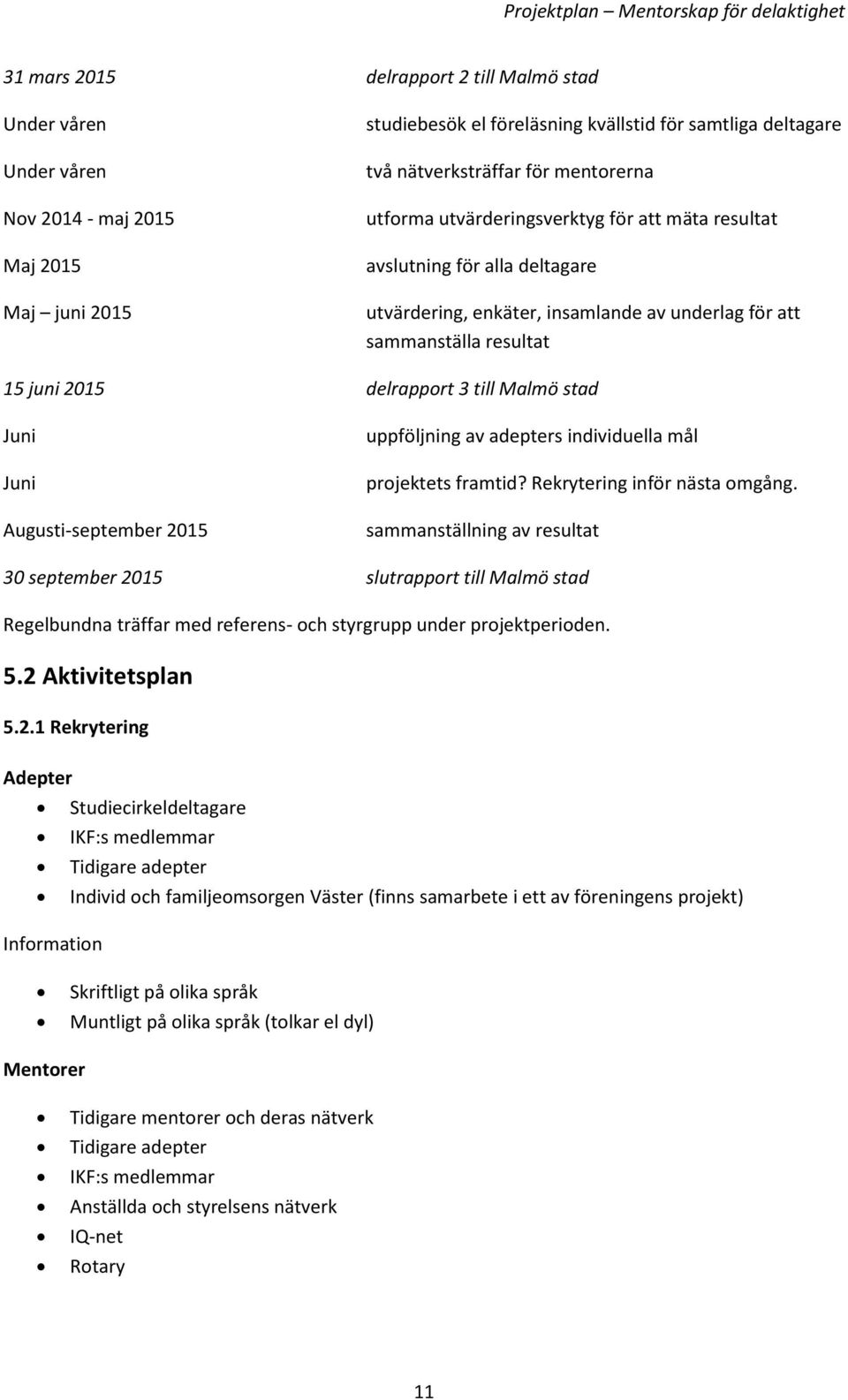 Malmö stad Juni Juni Augusti-september 2015 uppföljning av adepters individuella mål projektets framtid? Rekrytering inför nästa omgång.