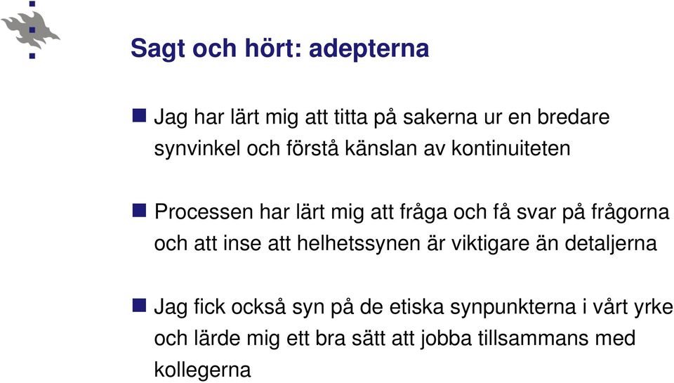 frågorna och att inse att helhetssynen är viktigare än detaljerna Jag fick också syn på