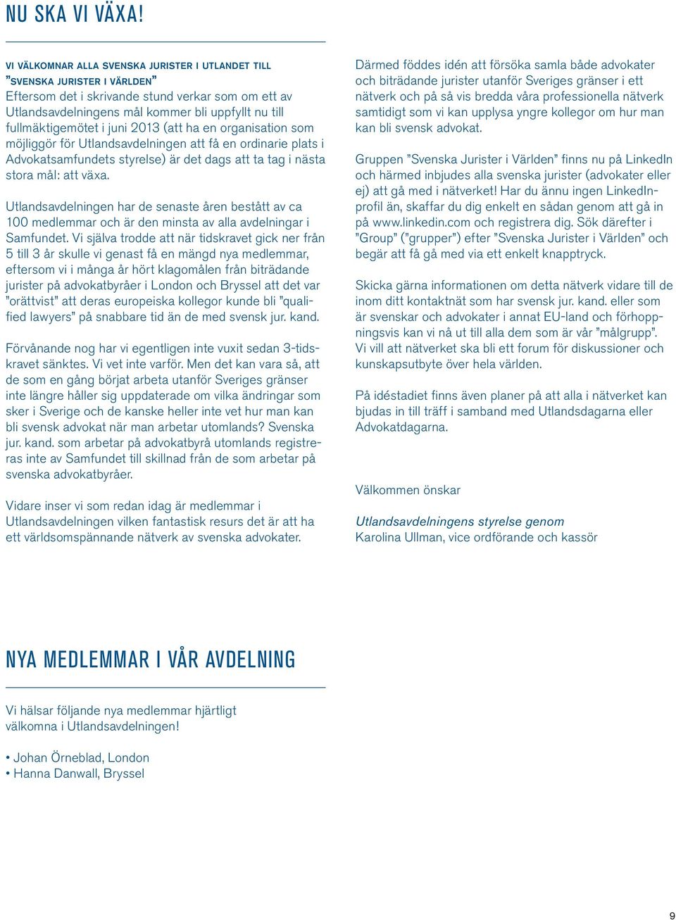 i juni 2013 (att ha en organisation som möjliggör för Utlandsavdelningen att få en ordinarie plats i Advokatsamfundets styrelse) är det dags att ta tag i nästa stora mål: att växa.