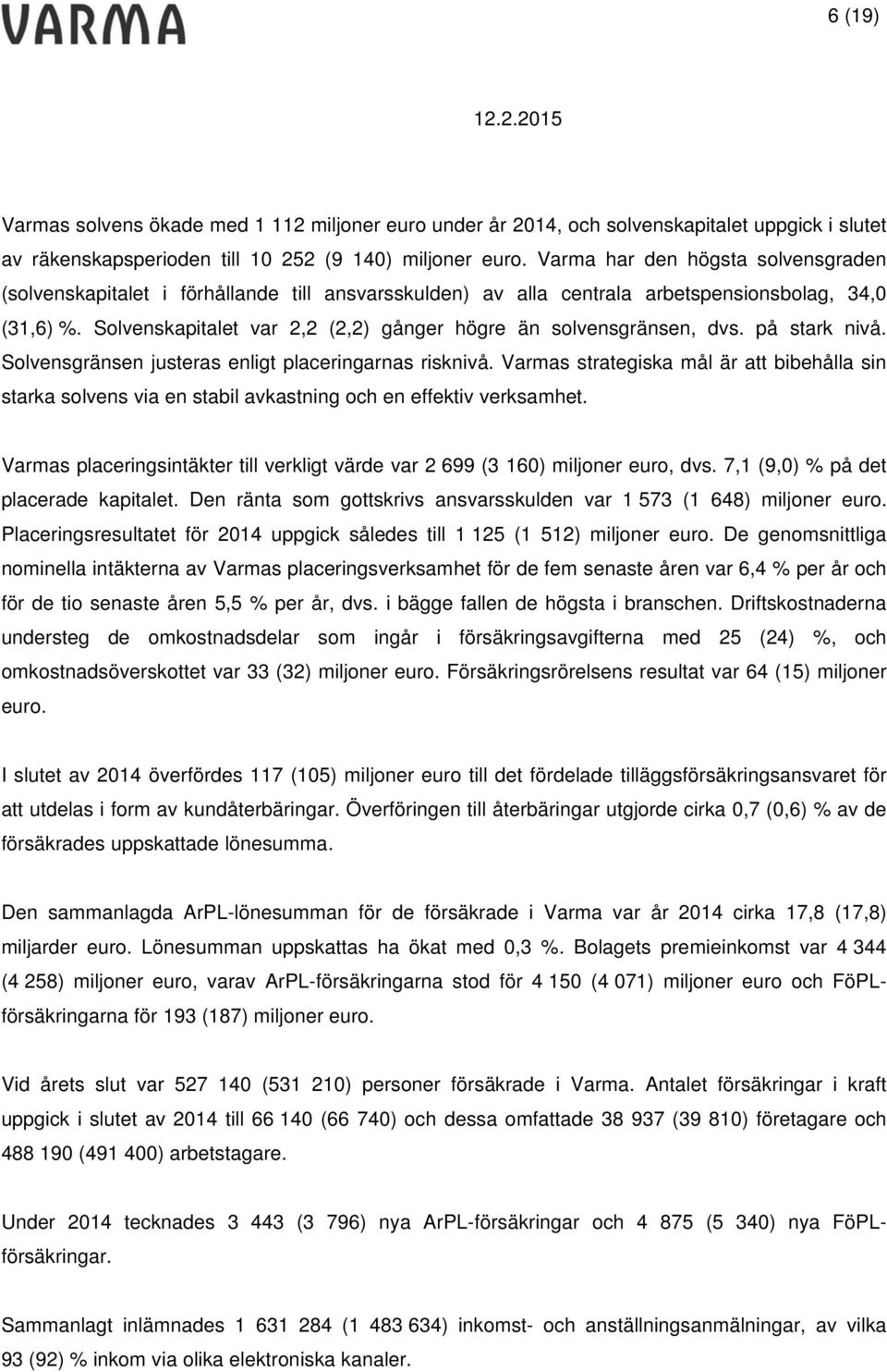 Solvenskapitalet var 2,2 (2,2) gånger högre än solvensgränsen, dvs. på stark nivå. Solvensgränsen justeras enligt placeringarnas risknivå.