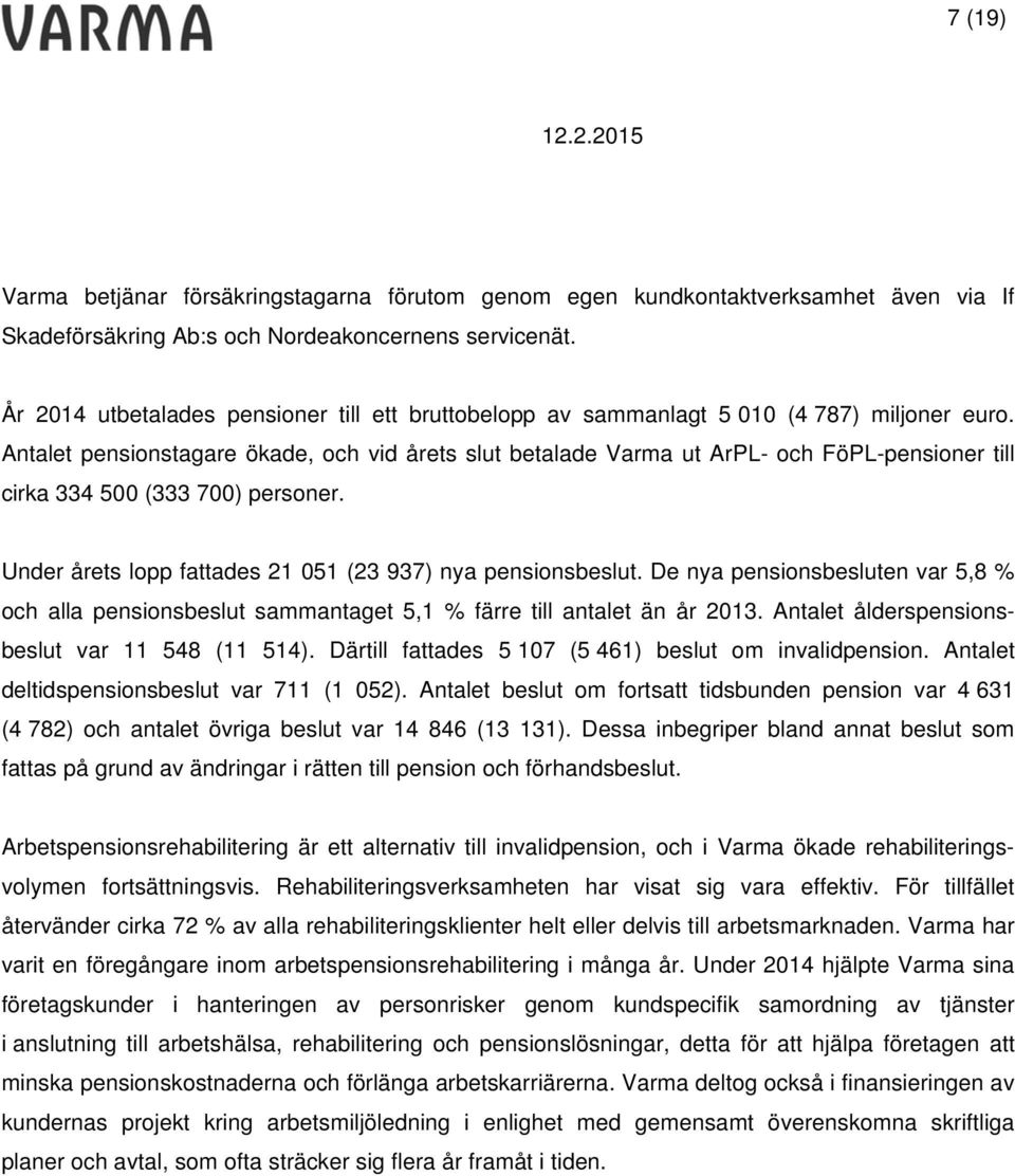 Antalet pensionstagare ökade, och vid årets slut betalade Varma ut ArPL- och FöPL-pensioner till cirka 334 500 (333 700) personer. Under årets lopp fattades 21 051 (23 937) nya pensionsbeslut.