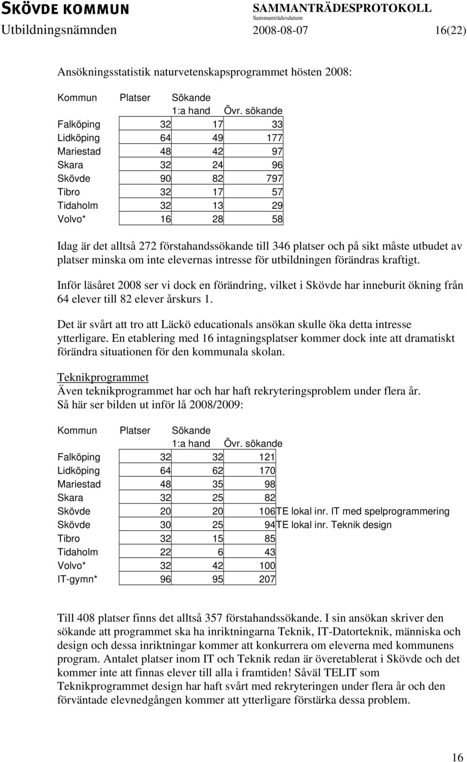 platser och på sikt måste utbudet av platser minska om inte elevernas intresse för utbildningen förändras kraftigt.