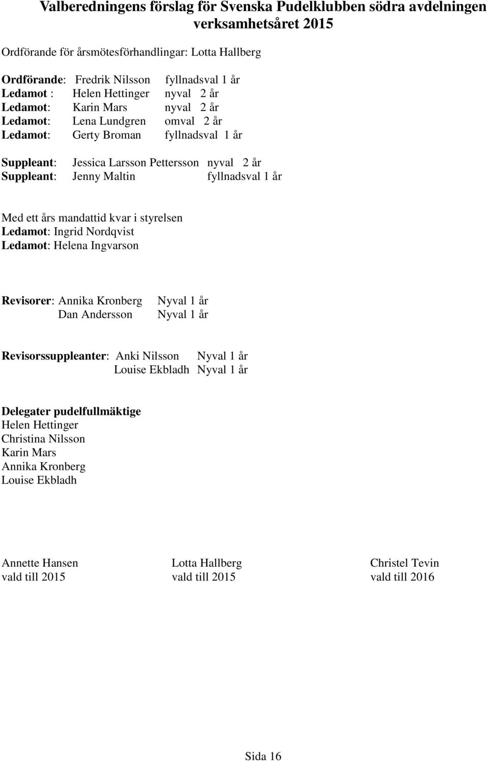 Maltin fyllnadsval 1 år Med ett års mandattid kvar i styrelsen Ledamot: Ingrid Nordqvist Ledamot: Helena Ingvarson Revisorer: Annika Kronberg Dan Andersson Nyval 1 år Nyval 1 år Revisorssuppleanter: