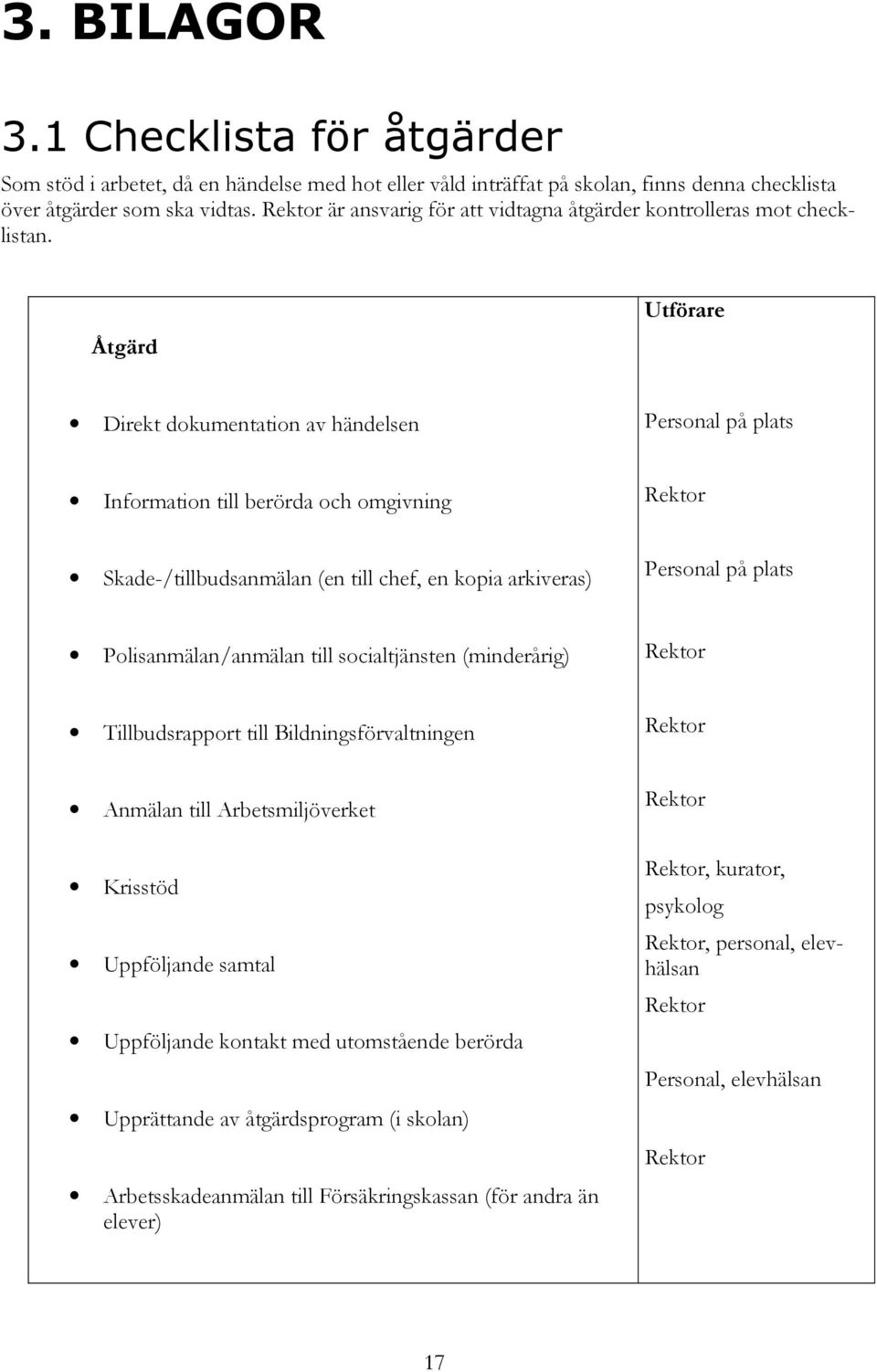 Åtgärd Utförare Direkt dokumentation av händelsen Personal på plats Information till berörda och omgivning Rektor Skade-/tillbudsanmälan (en till chef, en kopia arkiveras) Personal på plats