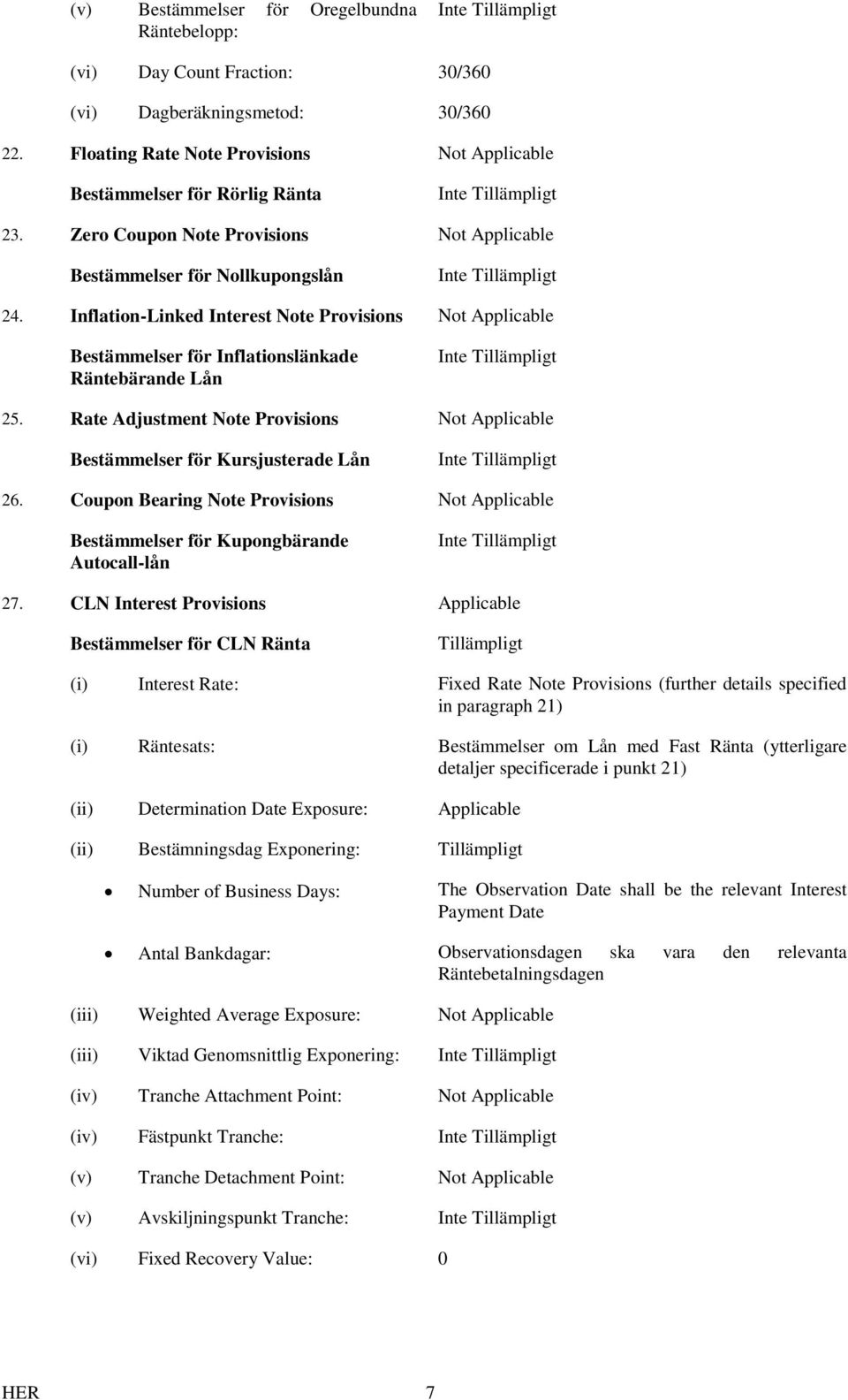 Rate Adjustment Note Provisions Not Applicable Bestämmelser för Kursjusterade Lån 26. Coupon Bearing Note Provisions Not Applicable Bestämmelser för Kupongbärande Autocall-lån 27.