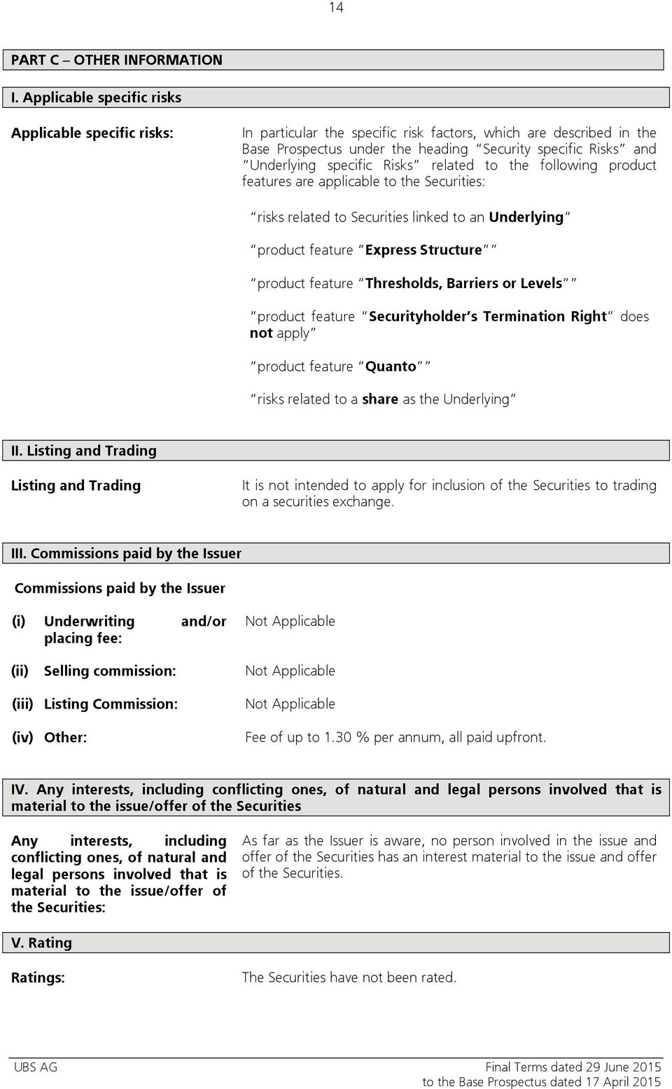 specific Risks related to the following product features are applicable to the Securities: risks related to Securities linked to an Underlying product feature Express Structure product feature