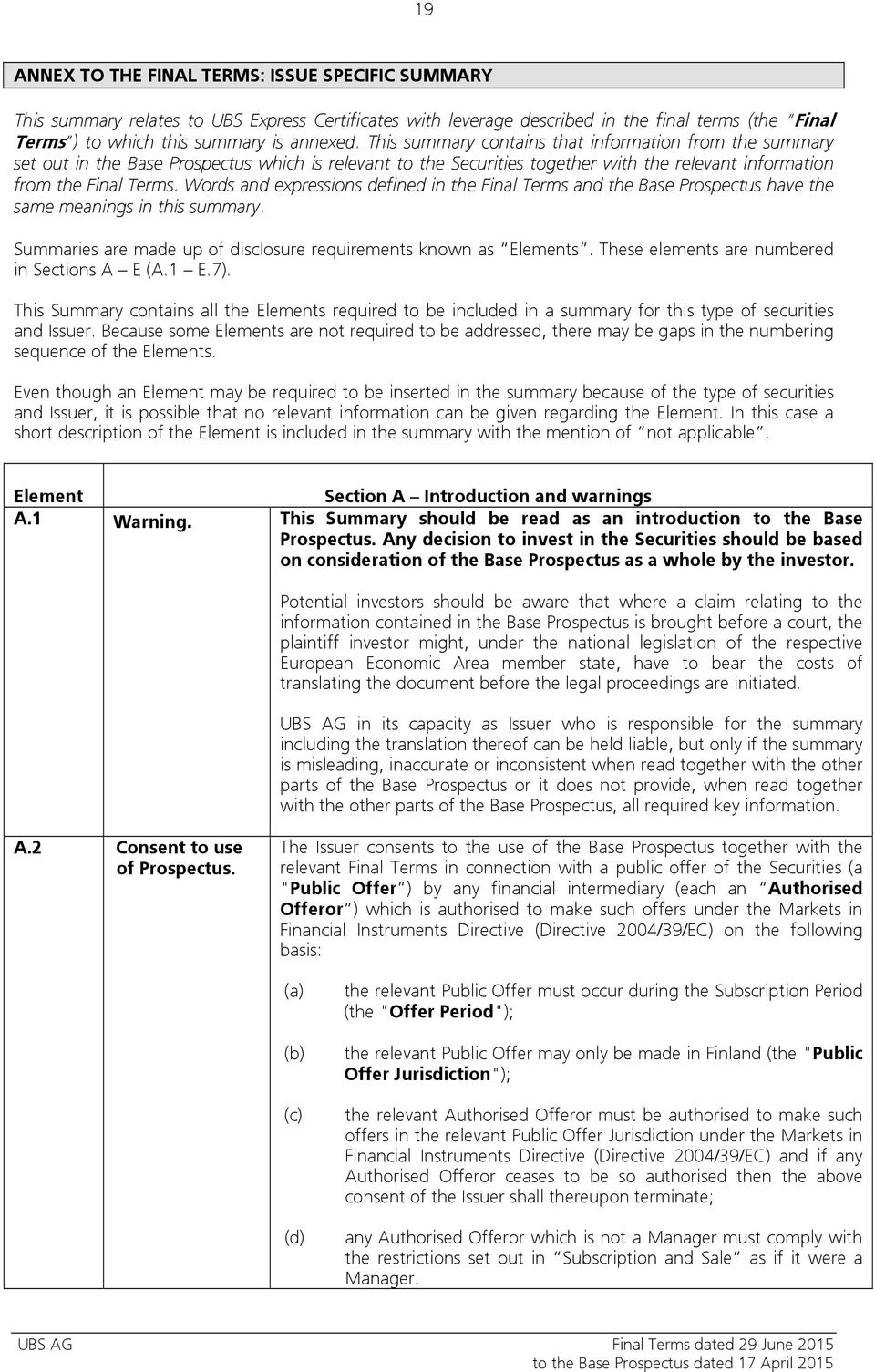 Words and expressions defined in the Final Terms and the Base Prospectus have the same meanings in this summary. Summaries are made up of disclosure requirements known as Elements.