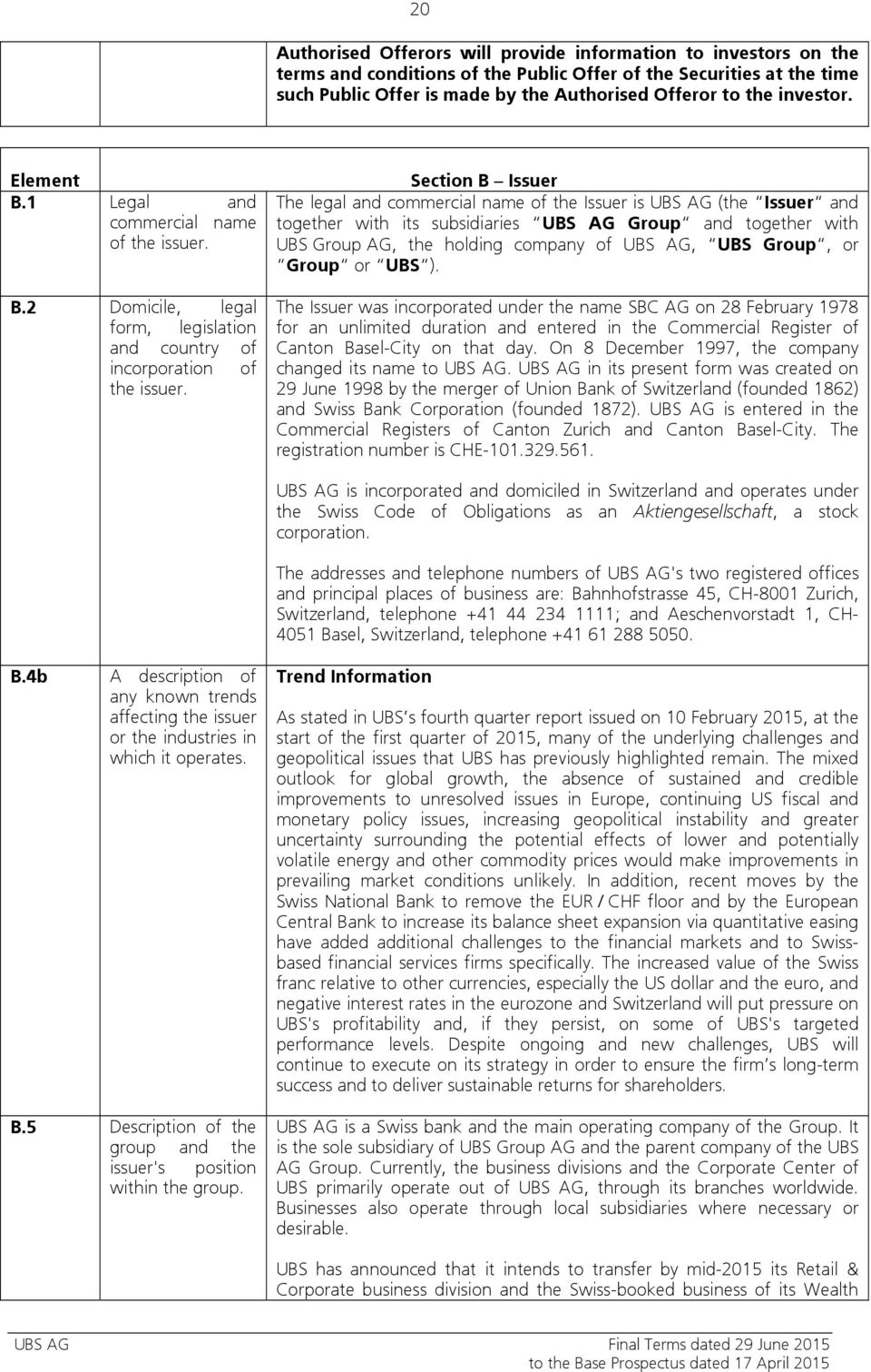 Section B Issuer The legal and commercial name of the Issuer is UBS AG (the Issuer and together with its subsidiaries UBS AG Group and together with UBS Group AG, the holding company of UBS AG, UBS