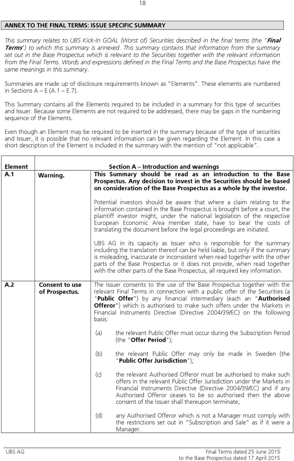 Words and expressions defined in the Final Terms and the Base Prospectus have the same meanings in this summary. Summaries are made up of disclosure requirements known as Elements.