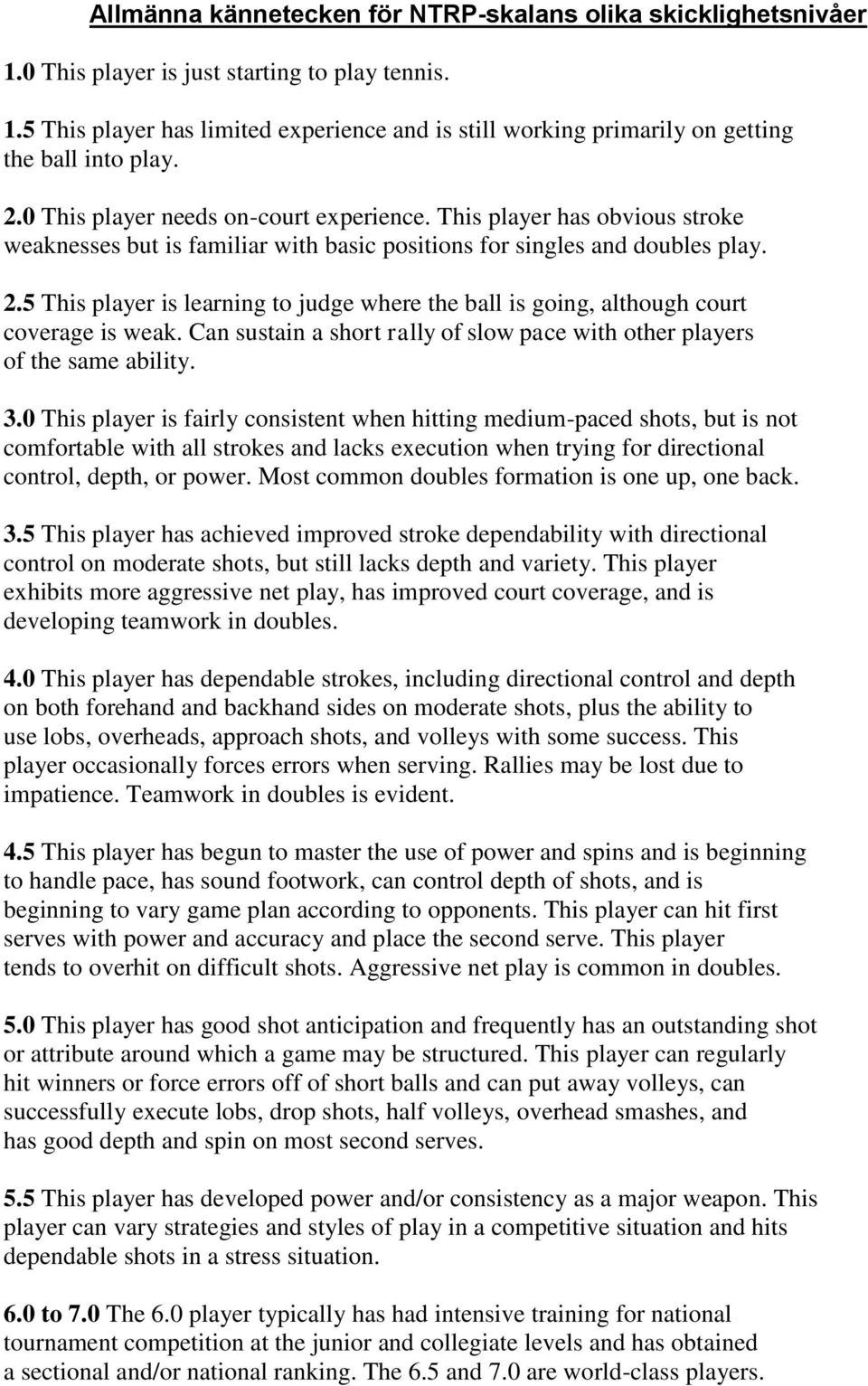 5 This player is learning to judge where the ball is going, although court coverage is weak. Can sustain a short rally of slow pace with other players of the same ability. 3.