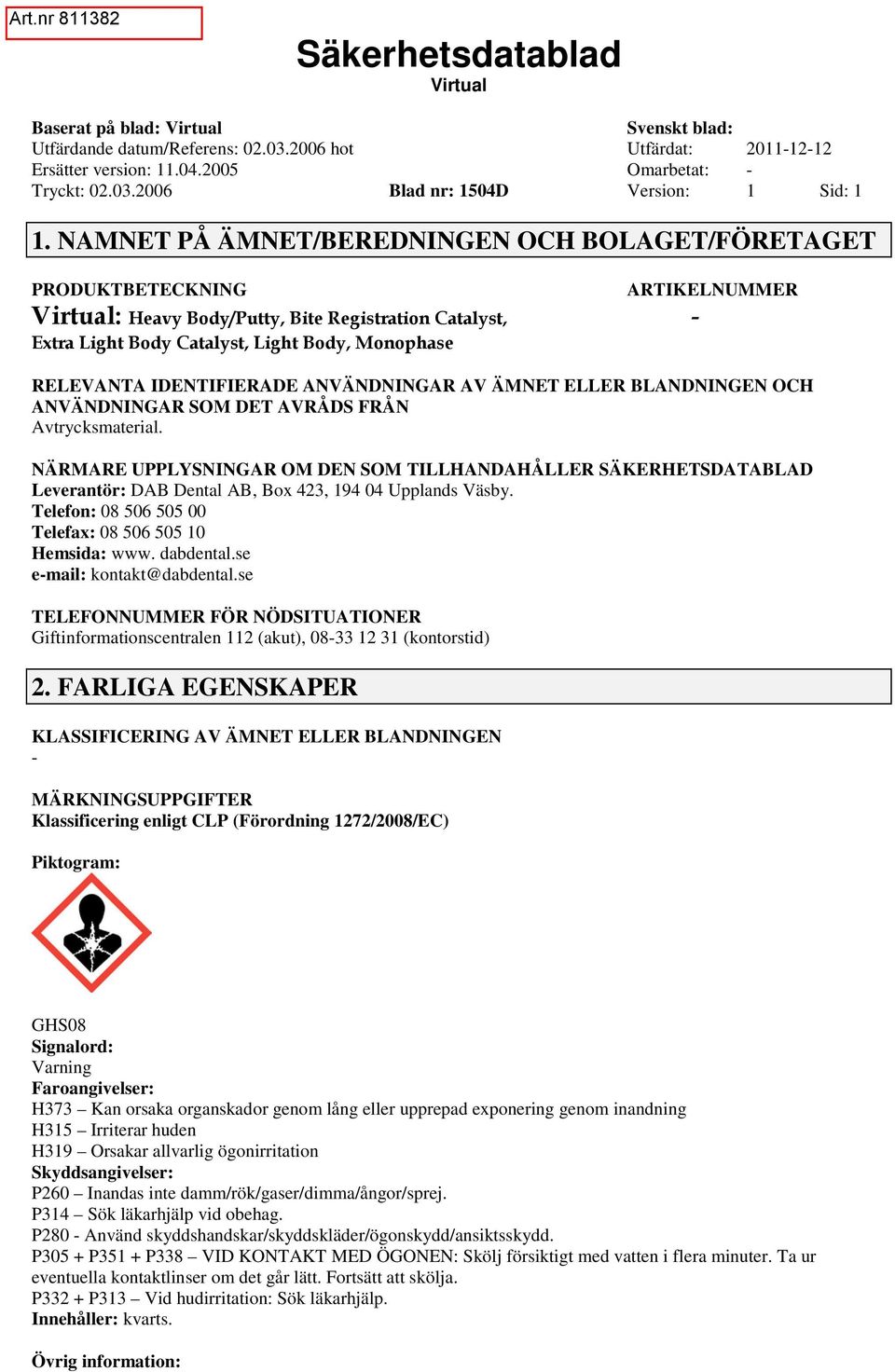 IDENTIFIERADE ANVÄNDNINGAR AV ÄMNET ELLER BLANDNINGEN OCH ANVÄNDNINGAR SOM DET AVRÅDS FRÅN Avtrycksmaterial.