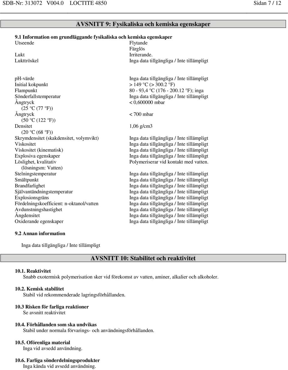 Lukttröskel ph-värde Initial kokpunkt Flampunkt Sönderfallstemperatur Ångtryck (25 C (77 F)) Ångtryck (50 C (122 F)) Densitet (20 C (68 F)) Skrymdensitet (skakdensitet, volymvikt) Viskositet