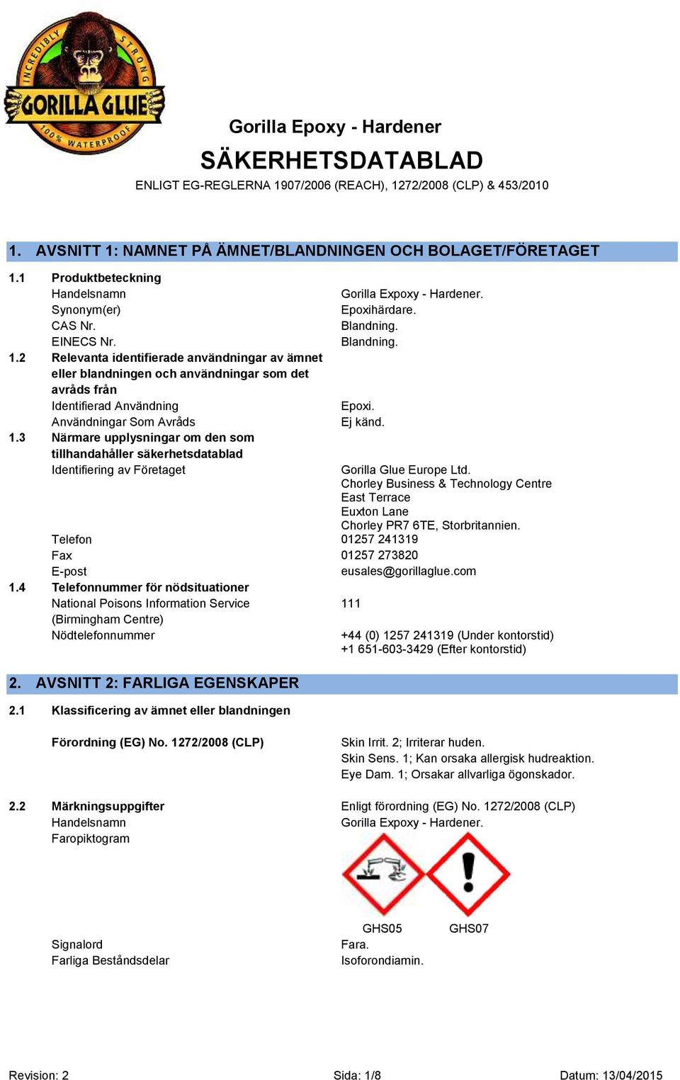 3 Närmare upplysningar om den som tillhandahåller säkerhetsdatablad Identifiering av Företaget Gorilla Expoxy - Hardener. Epoxihärdare. Blandning. Blandning. Epoxi. Ej känd. Gorilla Glue Europe Ltd.