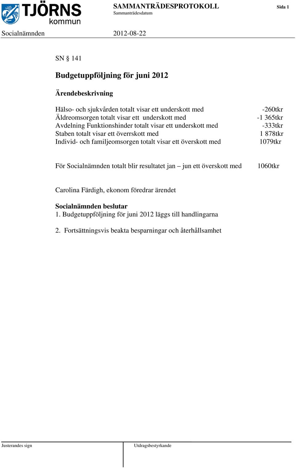 Individ- och familjeomsorgen totalt visar ett överskott med -260tkr -1 365tkr -333tkr 1 878tkr 1079tkr För Socialnämnden totalt blir resultatet jan jun ett