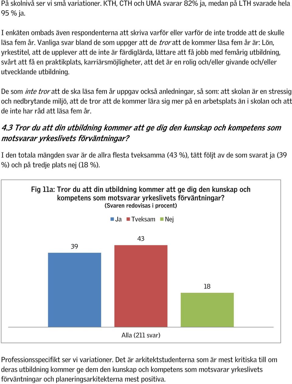 Vanliga svar bland de som uppger att de tror att de kommer läsa fem år är: Lön, yrkestitel, att de upplever att de inte är färdiglärda, lättare att få jobb med femårig utbildning, svårt att få en