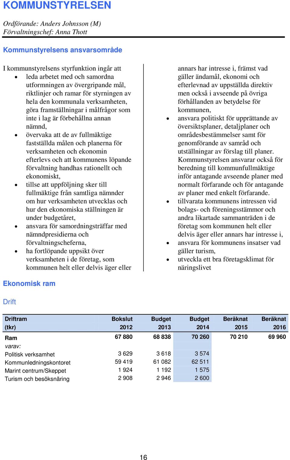 fastställda målen och planerna för verksamheten och ekonomin efterlevs och att kommunens löpande förvaltning handhas rationellt och ekonomiskt, tillse att uppföljning sker till fullmäktige från