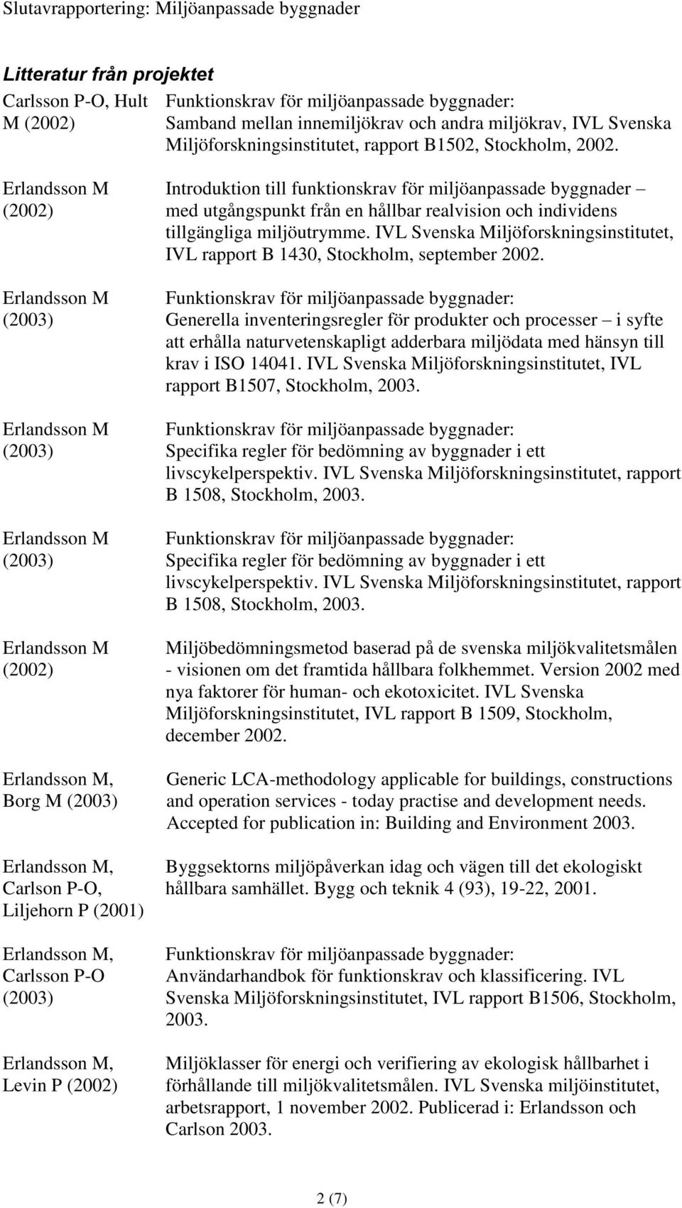 miljöutrymme. IVL Svenska Miljöforskningsinstitutet, IVL rapport B 1430, Stockholm, september 2002.