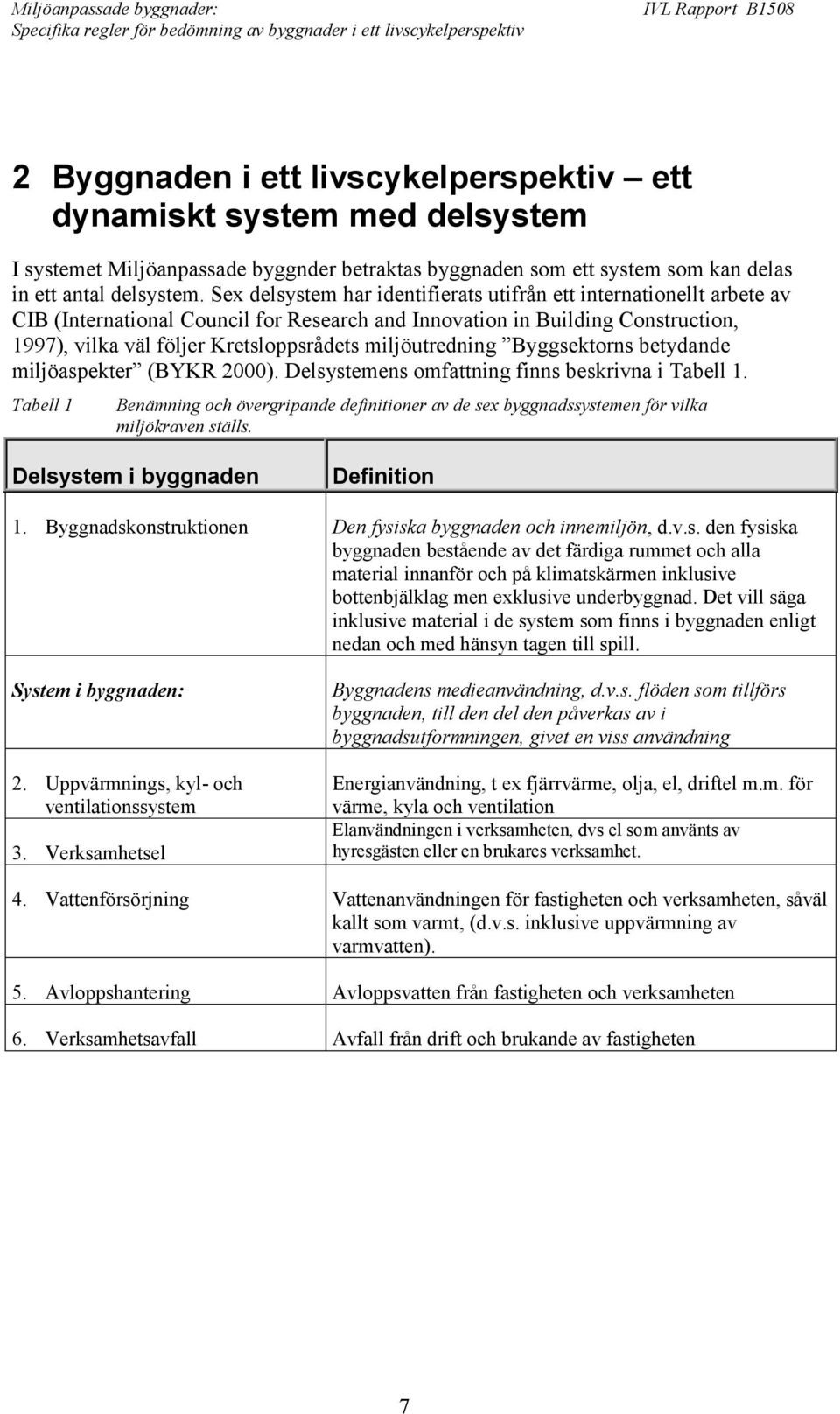 miljöutredning Byggsektorns betydande miljöaspekter (BYKR 2000). Delsystemens omfattning finns beskrivna i Tabell 1.