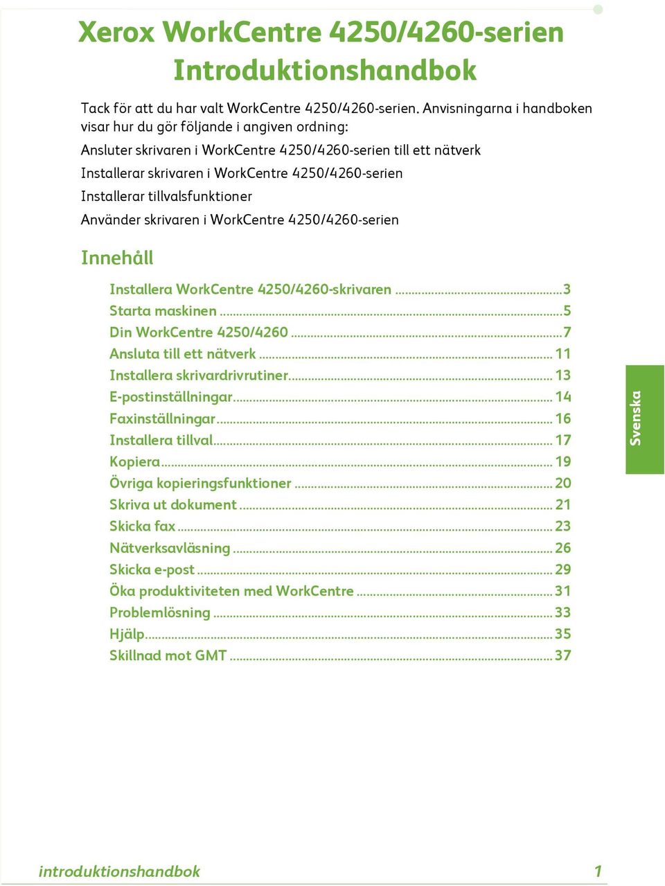 Installerar tillvalsfunktioner Använder skrivaren i WorkCentre 4250/4260-serien Innehåll Installera WorkCentre 4250/4260-skrivaren...3 Starta maskinen...5 Din WorkCentre 4250/4260.