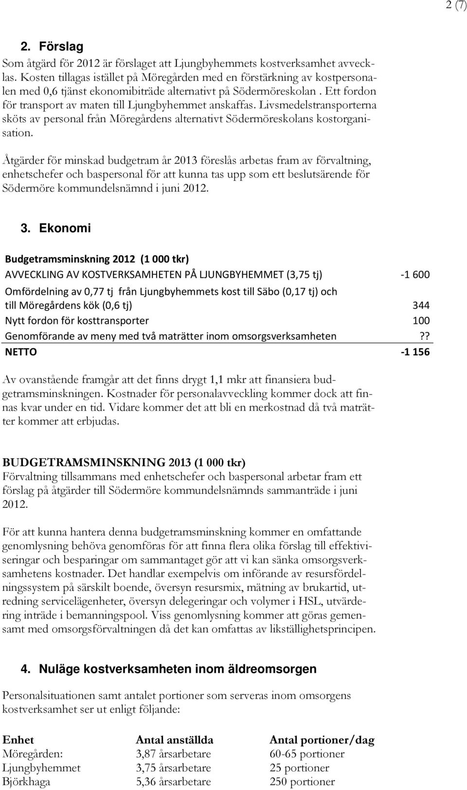 Ett fordon för transport av maten till Ljungbyhemmet anskaffas. Livsmedelstransporterna sköts av personal från Möregårdens alternativt Södermöreskolans kostorganisation.