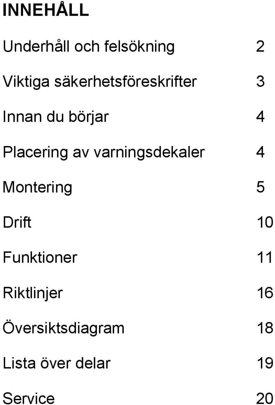 av varningsdekaler 4 Montering 5 Drift 10 Funktioner