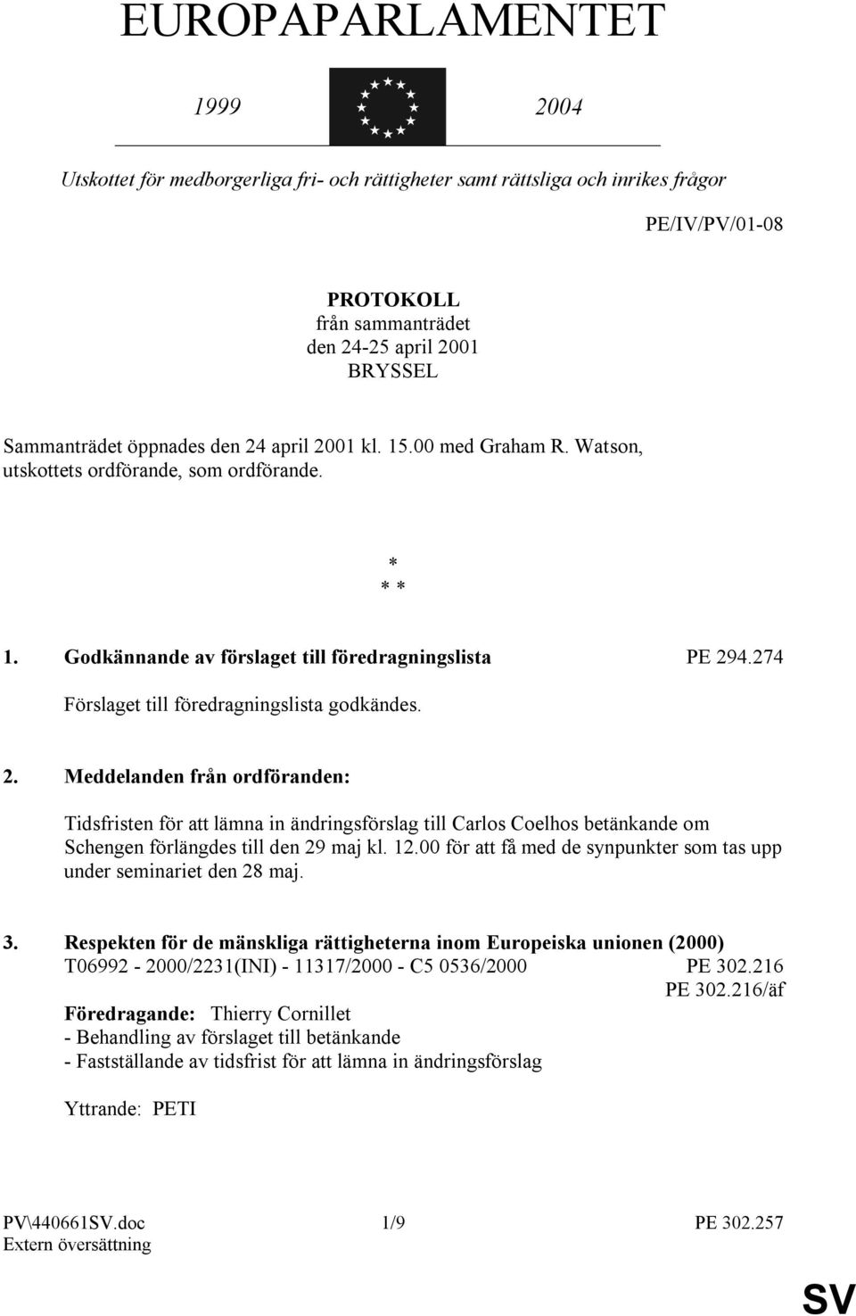 274 Förslaget till föredragningslista godkändes. 2. Meddelanden från ordföranden: Tidsfristen för att lämna in ändringsförslag till Carlos Coelhos betänkande om Schengen förlängdes till den 29 maj kl.