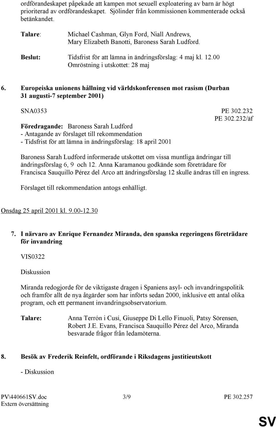 Europeiska unionens hållning vid världskonferensen mot rasism (Durban 31 augusti-7 september 2001) SNA0353 PE 302.232 PE 302.