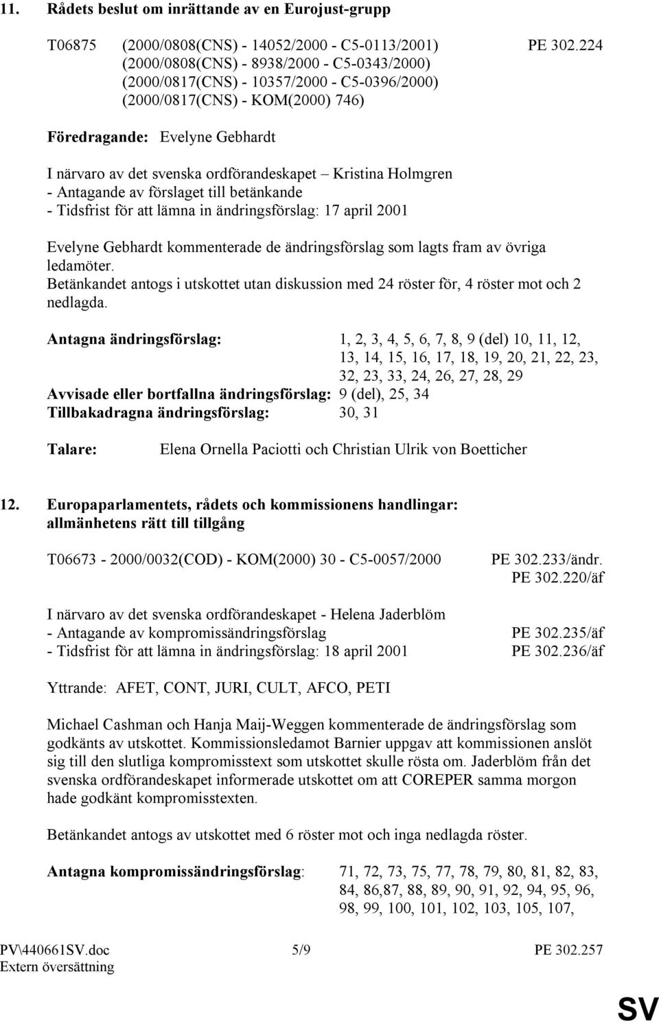 Kristina Holmgren - Antagande av förslaget till betänkande - Tidsfrist för att lämna in ändringsförslag: 17 april 2001 Evelyne Gebhardt kommenterade de ändringsförslag som lagts fram av övriga