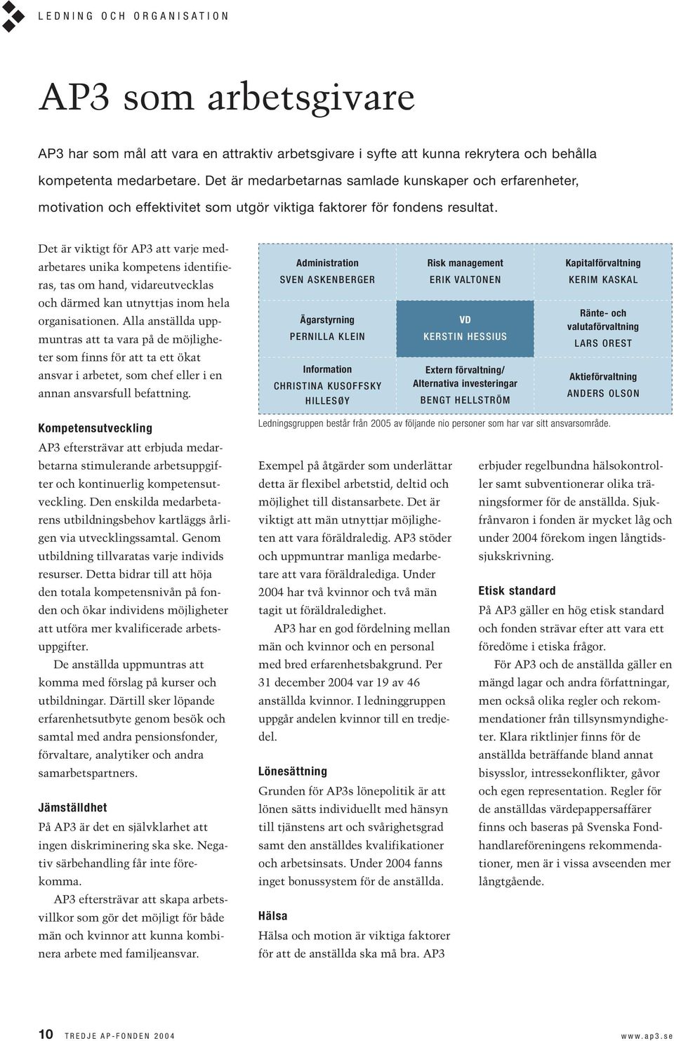 Det är viktigt för AP3 att varje medarbetares unika kompetens identifieras, tas om hand, vidareutvecklas Administration SVEN ASKENBERGER Risk management ERIK VALTONEN Kapitalförvaltning KERIM KASKAL