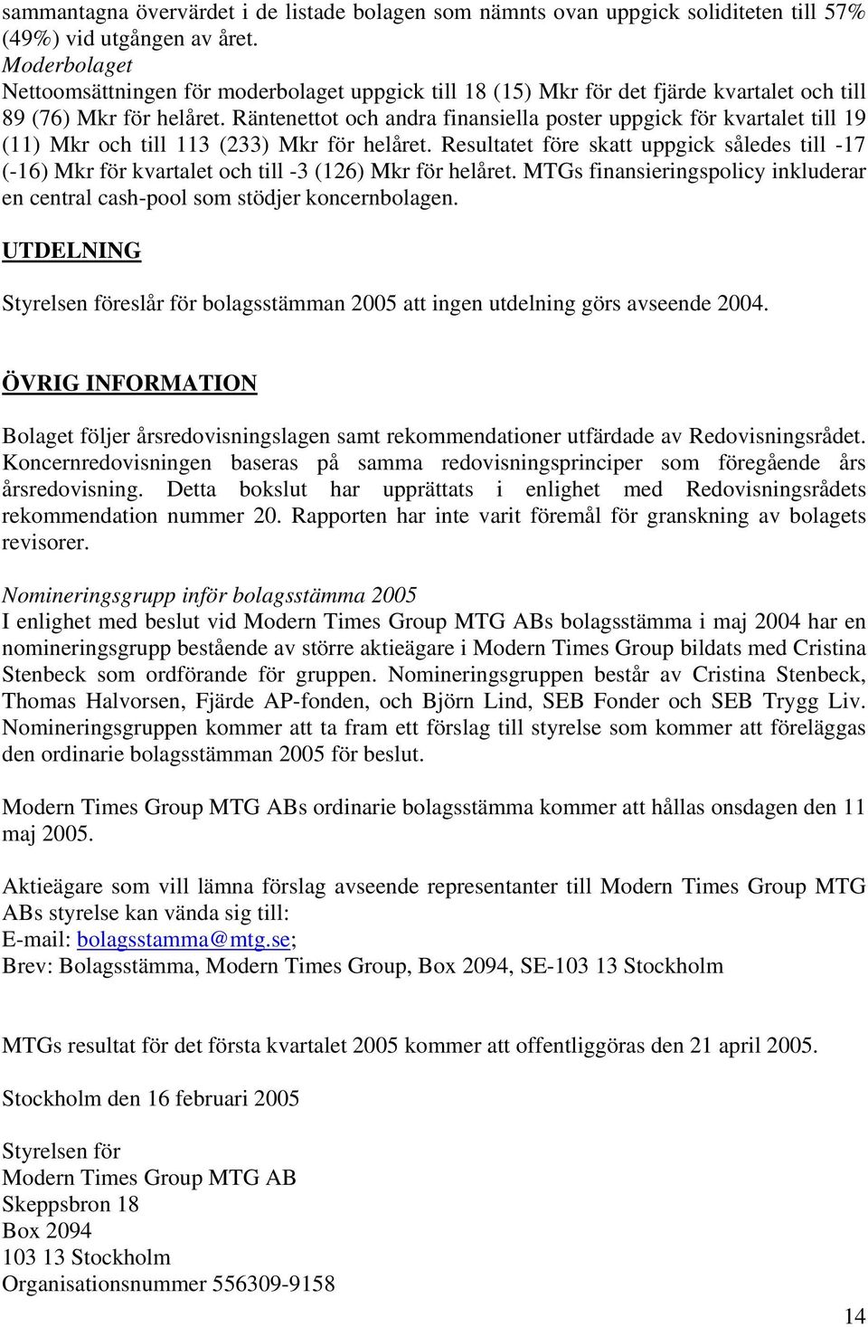 Räntenettot och andra finansiella poster uppgick för kvartalet till 19 (11) Mkr och till 113 (233) Mkr för helåret.