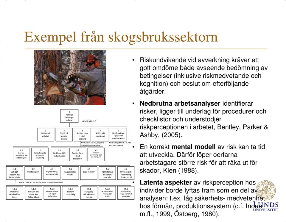 Nedbrutna arbetsanalyser identifierar risker, ligger till underlag för procedurer och checklistor och understödjer riskperceptionen i arbetet, Bentley, Parker & Ashby, (2005).