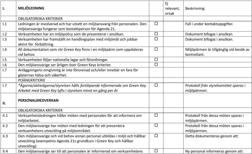 aktivt för förbättring. I.4 All dokumentation som rör Green Key finns i en miljöpärm som uppdateras vid behov. I.5 Verksamheten följer nationella lagar och förordningar. I.6 Den miljöansvarige ser årligen över Green Keys kriterier.