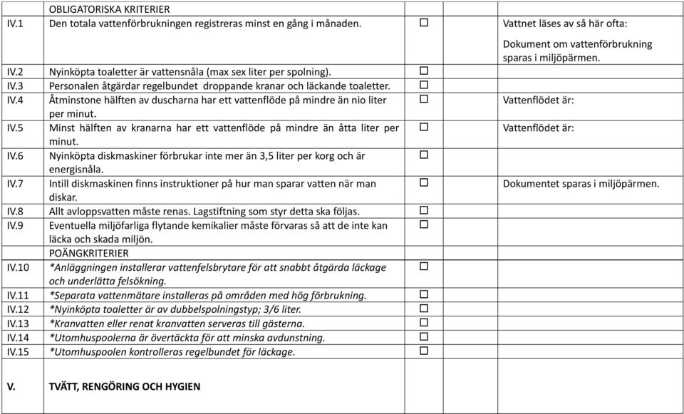 IV.7 Intill diskmaskinen finns instruktioner på hur man sparar vatten när man diskar. IV.8 Allt avloppsvatten måste renas. Lagstiftning som styr detta ska följas. IV.9 Eventuella miljöfarliga flytande kemikalier måste förvaras så att de inte kan läcka och skada miljön.