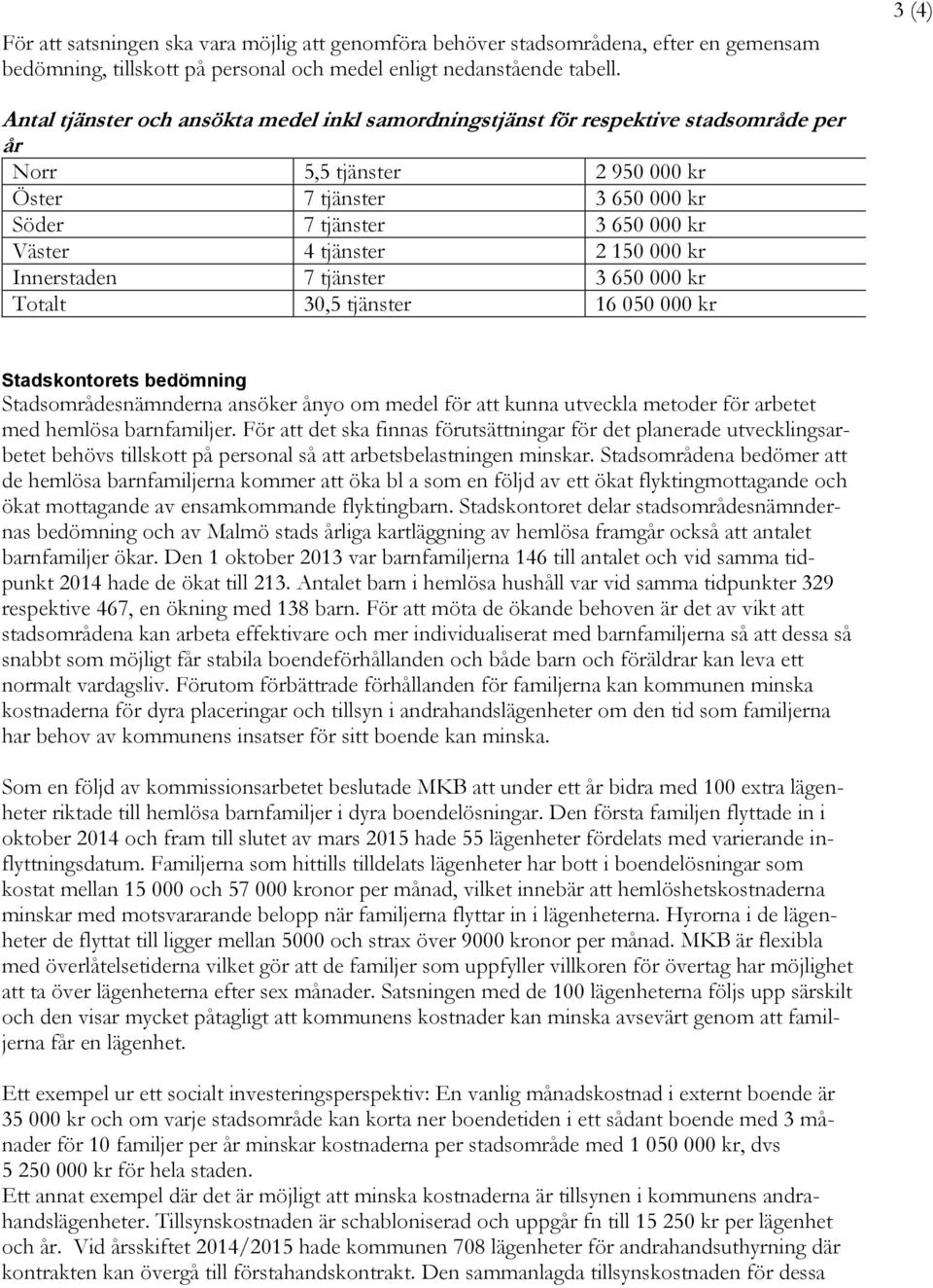 tjänster 2 150 000 kr Innerstaden 7 tjänster 3 650 000 kr Totalt 30,5 tjänster 16 050 000 kr Stadskontorets bedömning Stadsområdesnämnderna ansöker ånyo om medel för att kunna utveckla metoder för