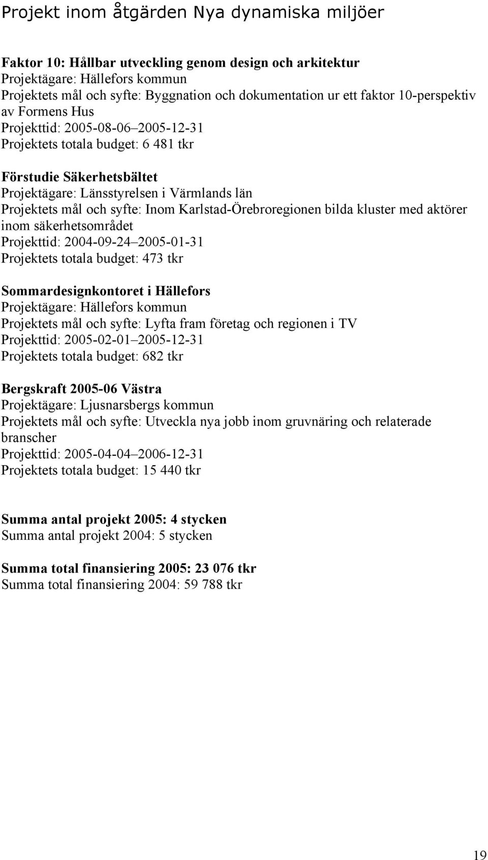 syfte: Inom Karlstad-Örebroregionen bilda kluster med aktörer inom säkerhetsområdet Projekttid: 2004-09-24 2005-01-31 Projektets totala budget: 473 tkr Sommardesignkontoret i Hällefors Projektägare: