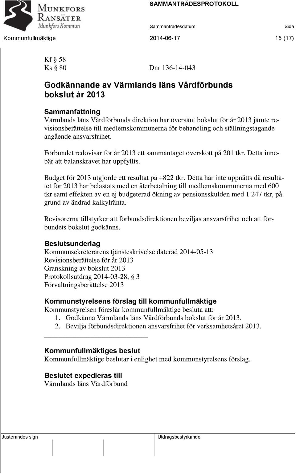 Detta innebär att balanskravet har uppfyllts. Budget för 2013 utgjorde ett resultat på +822 tkr.