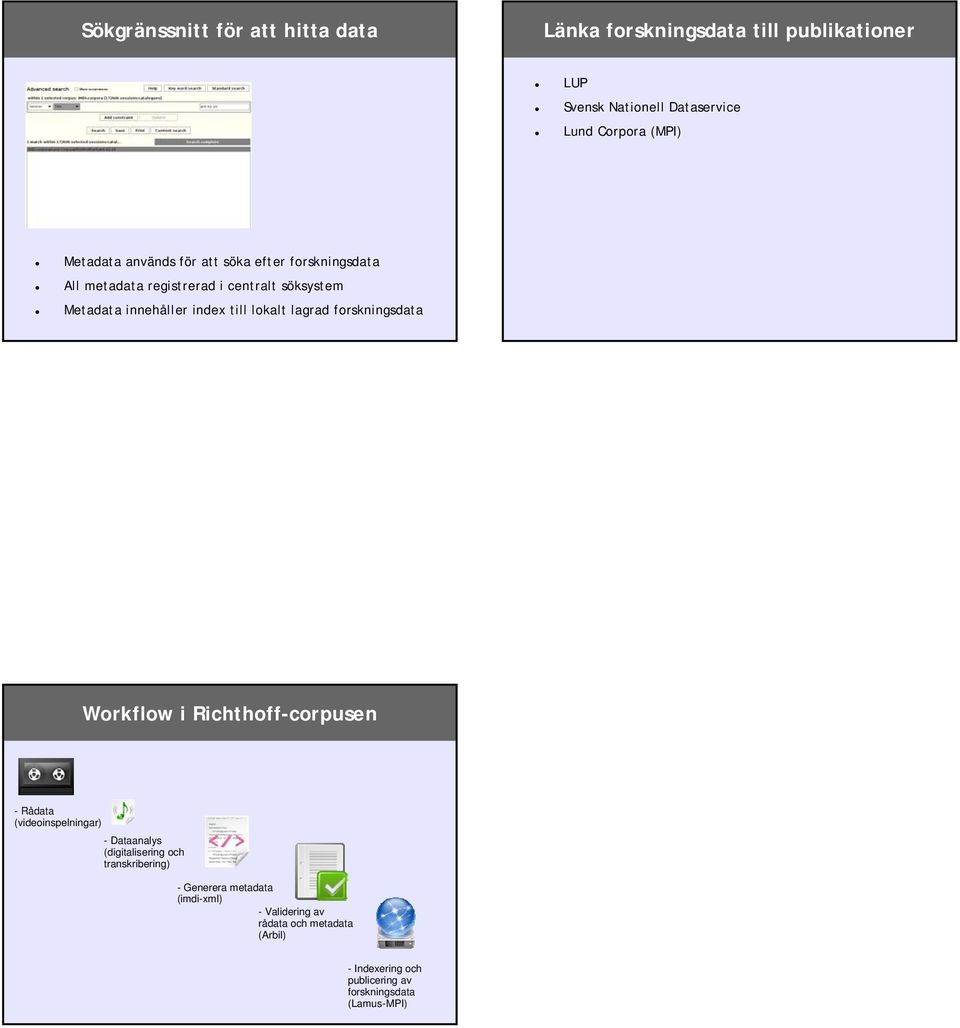 lokalt lagrad forskningsdata Workflow i Richthoff-corpusen - Rådata (videoinspelningar) - Dataanalys (digitalisering och