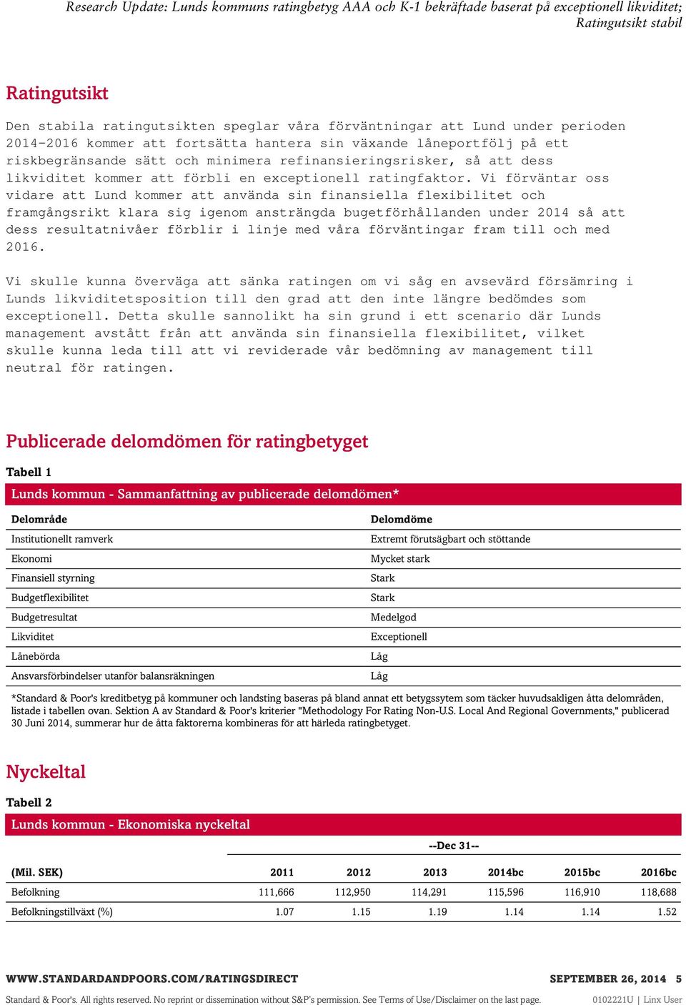 Vi förväntar oss vidare att Lund kommer att använda sin finansiella flexibilitet och framgångsrikt klara sig igenom ansträngda bugetförhållanden under 2014 så att dess resultatnivåer förblir i linje