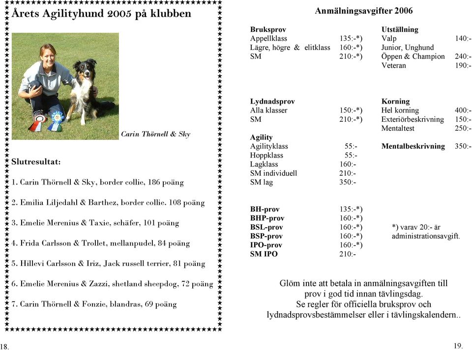 Emelie Merenius & Taxie, schäfer, 101 poäng 4. Frida Carlsson & Trollet, mellanpudel, 84 poäng 5. Hillevi Carlsson & Iriz, Jack russell terrier, 81 poäng 6.