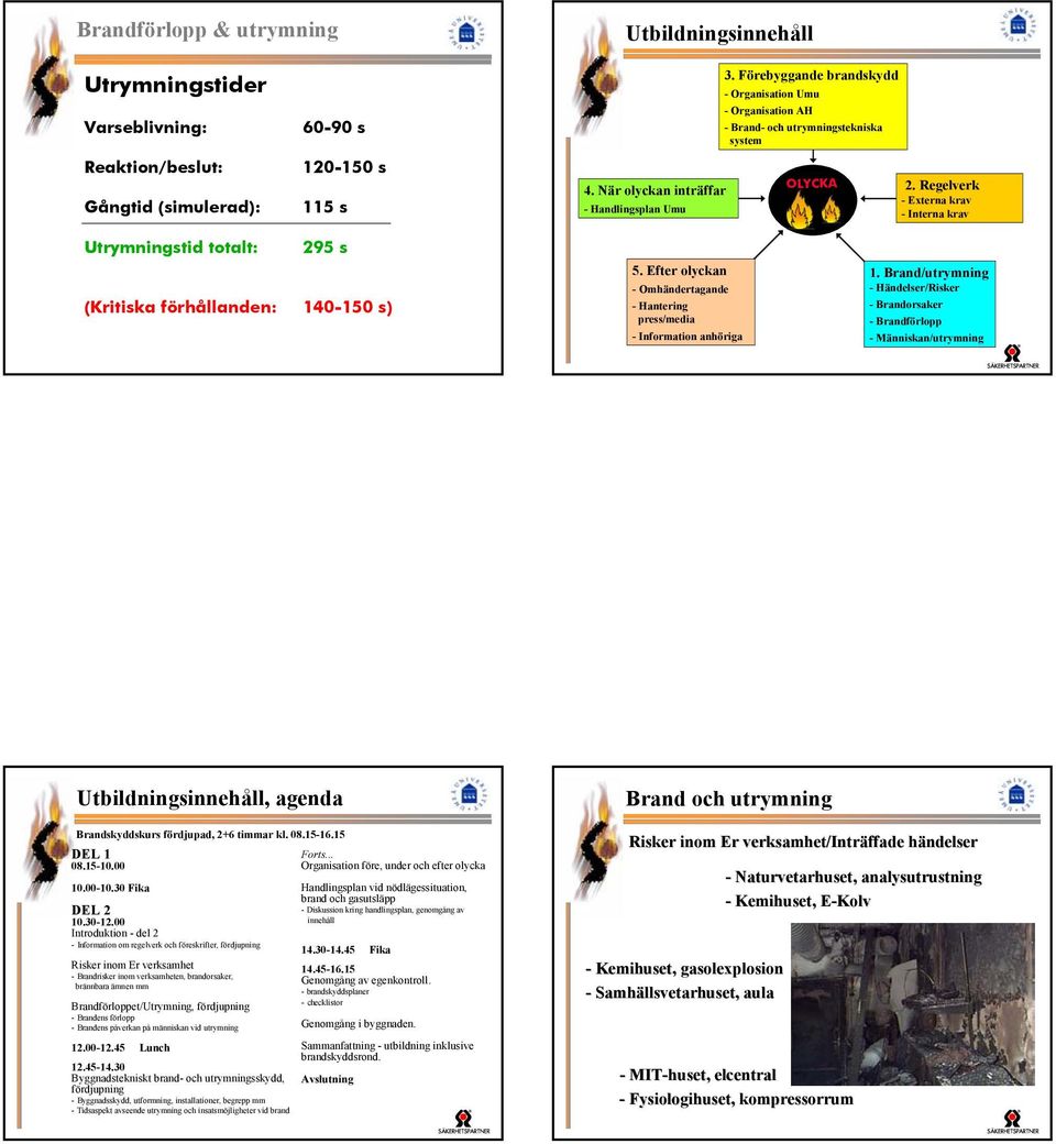 Regelverk - Externa krav - Interna krav Utrymningstid totalt: 295 s (Kritiska förhållanden: 140-150 s) 5. Efter olyckan - Omhändertagande - Hantering press/media - Information anhöriga 1.