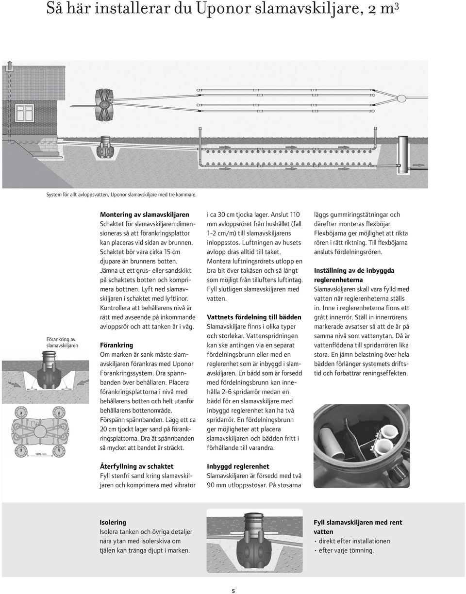 Schaktet bör vara cirka 15 cm djupare än brunnens botten. Jämna ut ett grus- eller sandskikt på schaktets botten och komprimera bottnen. Lyft ned slamavskiljaren i schaktet med lyftlinor.