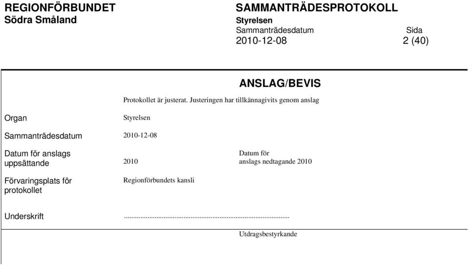 Datum för anslags uppsättande Förvaringsplats för protokollet