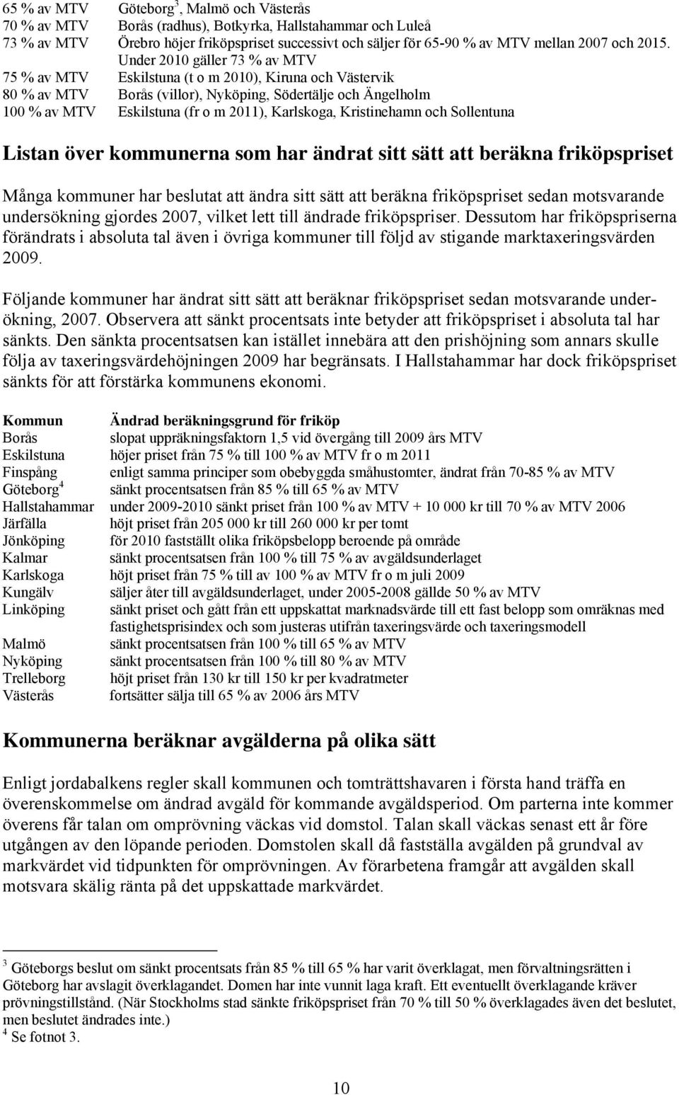 Under 2010 gäller 73 % av MTV 75 % av MTV Eskilstuna (t o m 2010), Kiruna och Västervik 80 % av MTV Borås (villor), Nyköping, Södertälje och Ängelholm 100 % av MTV Eskilstuna (fr o m 2011),