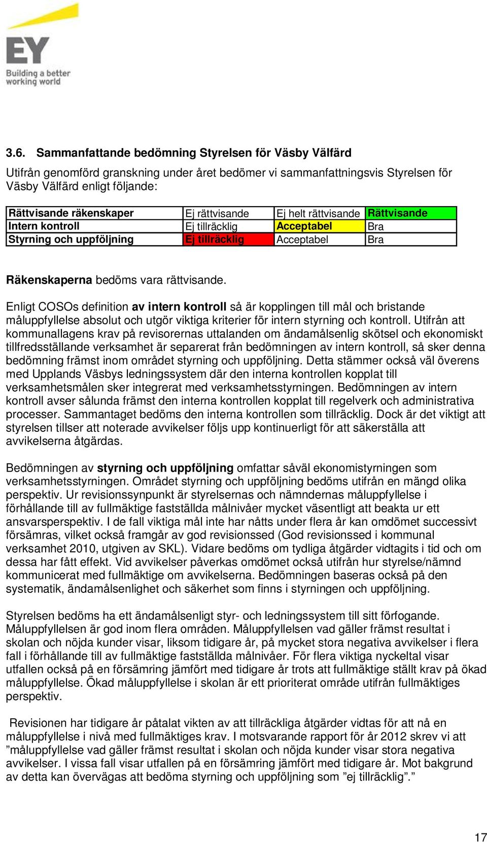 Enligt COSOs definition av intern kontroll så är kopplingen till mål och bristande måluppfyllelse absolut och utgör viktiga kriterier för intern styrning och kontroll.