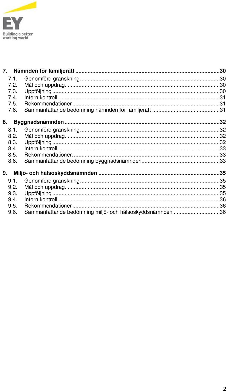 Intern kontroll...33 8.5. Rekommendationer:...33 8.6. Sammanfattande bedömning byggnadsnämnden...33 9. Miljö- och hälsoskyddsnämnden...35 9.1. Genomförd granskning.