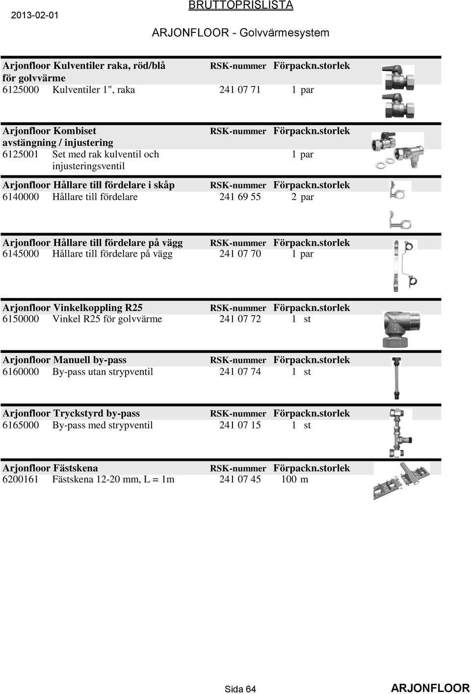 6145000 Hållare till fördelare på vägg 241 07 70 1 par Arjonfloor Vinkelkoppling R25 6150000 Vinkel R25 för golvvärme 241 07 72 1 st Arjonfloor Manuell by-pass 6160000 By-pass